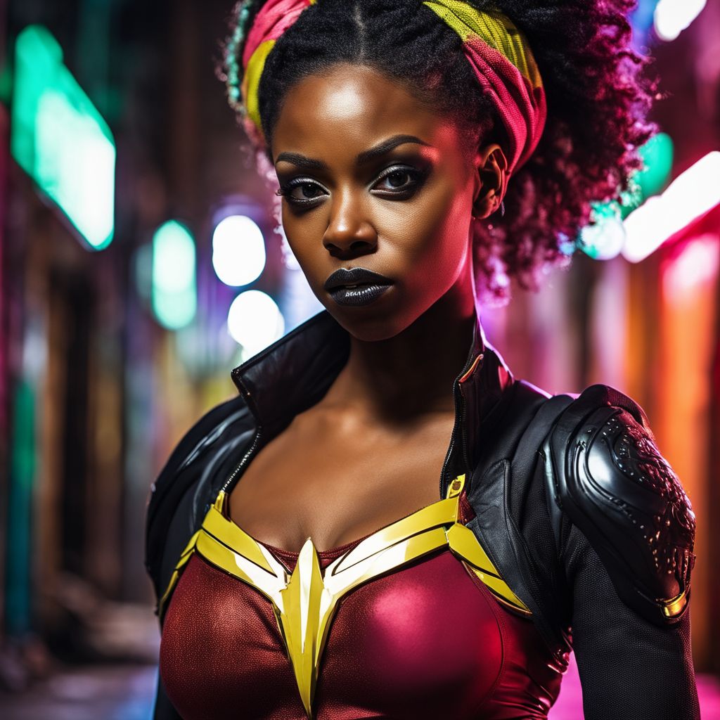 Portrait généré par IA d'une invitée en super-héroïne, costume rouge et noir, ruelle éclairée au néon